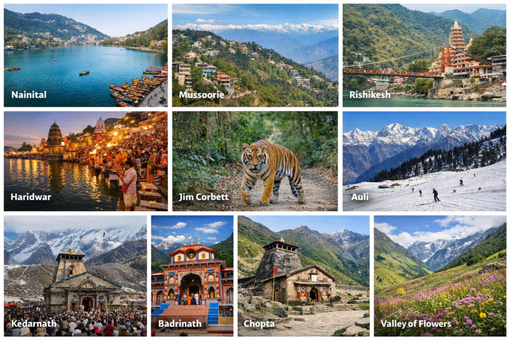 The top 10 places to visit in Uttarakhand are Nainital, Mussoorie, Rishikesh, Haridwar, Jim Corbett National Park, Auli, Kedarnath, Badrinath, Chopta, and the Valley of Flowers.