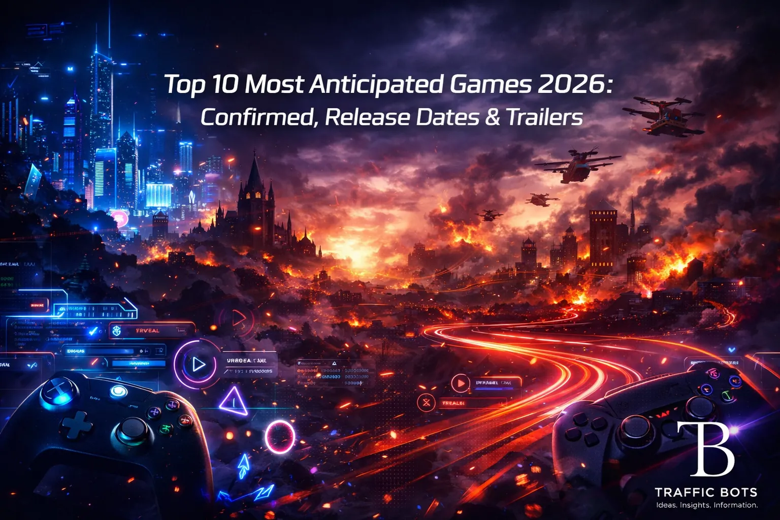 Feature image for Top 10 Most Anticipated Games 2026 showing high-tech gaming controllers, a burning gothic castle, and futuristic neon city skylines.