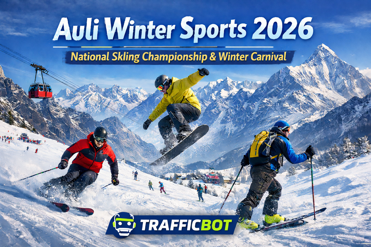 Auli Winter Sports 2026 National Skiing Championship and Winter Carnival with skiers, snowboarders and snow-covered Himalayan peaks in Uttarakhand