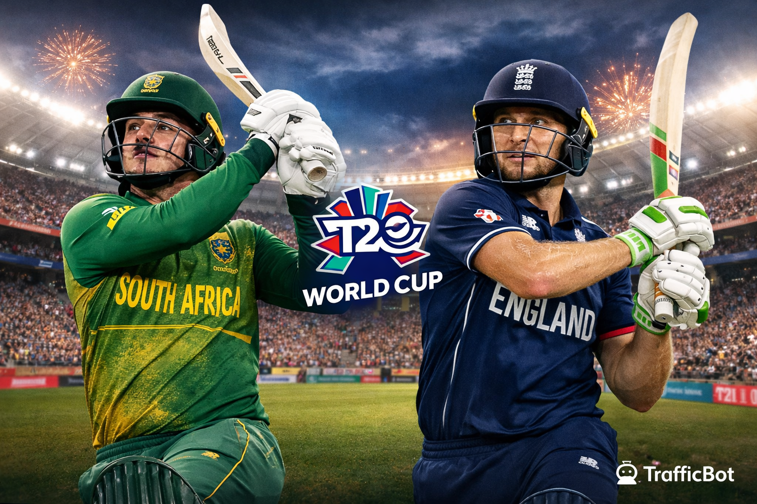 Quinton de Kock of South Africa and Jos Buttler of England batting in an ICC T20 World Cup match at a packed stadium, with milestone records in focus.